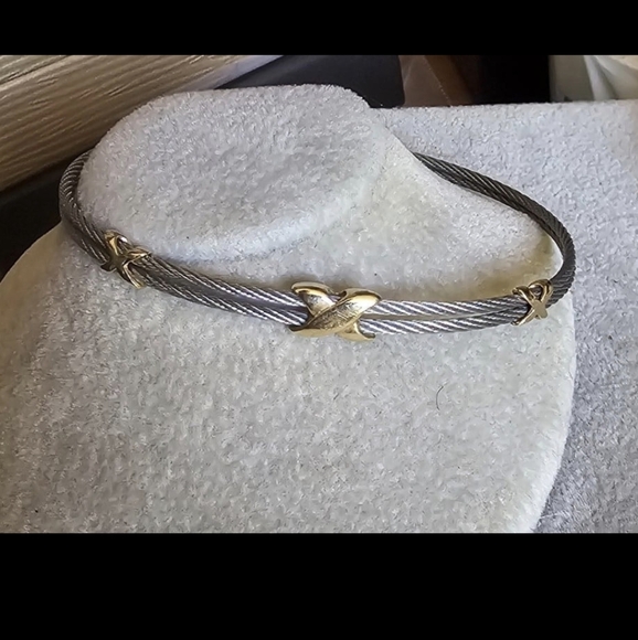 Ross-Simons Jewelry - Milor 14k Yellow Gold Xs X's Stainless Steel Cable Bracelet Tennis Italy